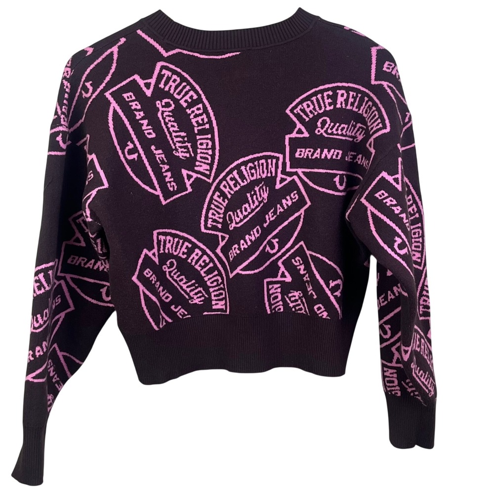 True Religion Brown Repeat Logo Graphic Jacquard Cropped Crewneck Sweater Large - Picture 4 of 7